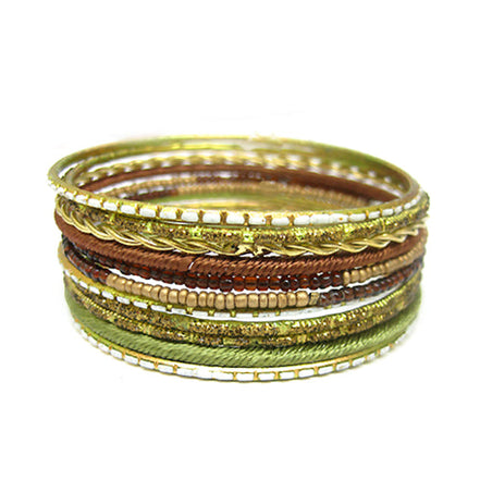 GOLD MULTI COLOR  OLIVE AND BROWN MIXED GLITTERING THIN BANGLES SET OF 11PCS  #RB78777_MULTI (RA27/B525)