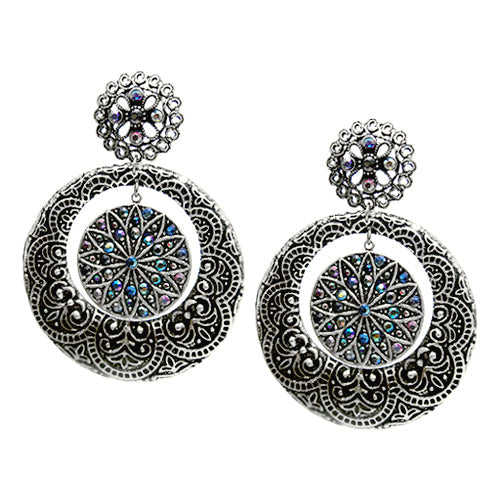 SILVER ORNATE FILIGREE FLORAL CHUNKY EARRINGS  #HNE8338_SILVER (KF2)