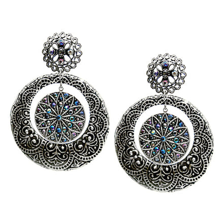 SILVER ORNATE FILIGREE FLORAL CHUNKY EARRINGS  #HNE8338_SILVER (KF2)