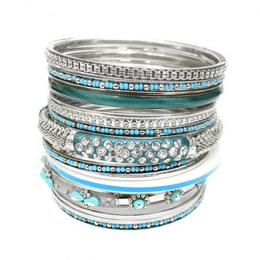 SILVER TURQUOISE SEED BEADS SET OF 17PCS INDIAN BANGLES WITH STRIPE BORN IN PLASTIC CONTAINER  #PB8672_S-TURQ (QH9)