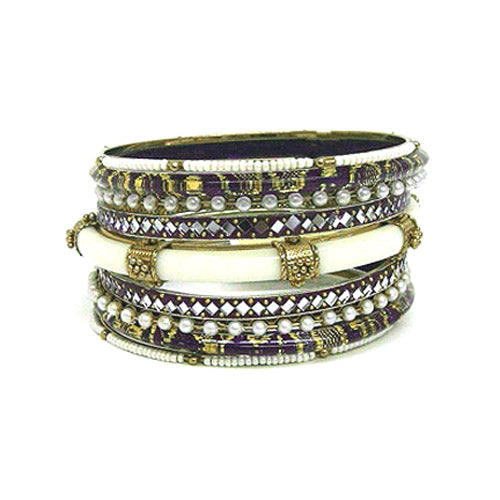 MULTI COLOR PURPLE AND IVORY RESIN ETHNIC BANGLES SET OF 9 PCS  #VB10595_PURPLE (OD4/R-TOP)