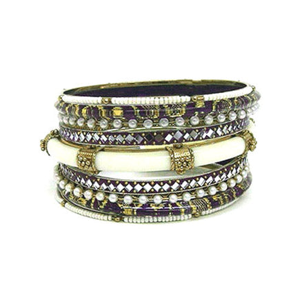 MULTI COLOR PURPLE AND IVORY RESIN ETHNIC BANGLES SET OF 9 PCS  #VB10595_PURPLE (OD4/R-TOP)