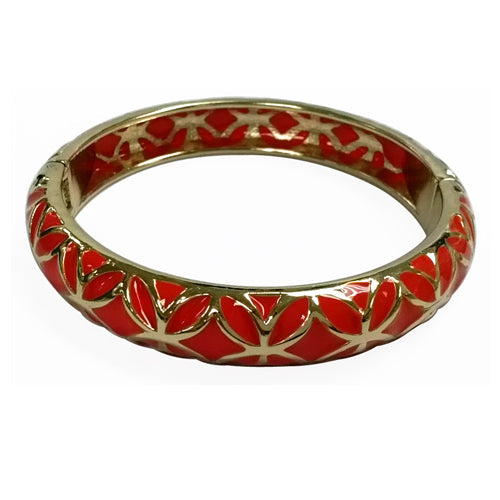 Coral Hinged Bracelet with Gold Pattern
