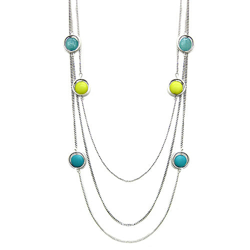 SILVER GREEN MIXED GLASS BEADED SIVLER METAL THREE-STRAND LONG NECKLACE  #SC29387_S-GREEN (EC6)