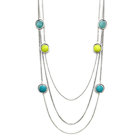 SILVER GREEN MIXED GLASS BEADED SIVLER METAL THREE-STRAND LONG NECKLACE  #SC29387_S-GREEN (EC6)