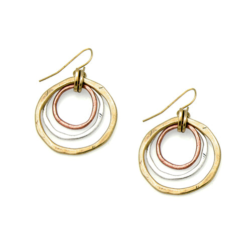 Tri-Tone Circle Drop Earrings – Gold, Silver & Copper Layered Hoop Statement Earrings (1.5