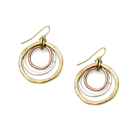 Tri-Tone Circle Drop Earrings – Gold, Silver & Copper Layered Hoop Statement Earrings (1.5" Drop)#SE15407TRI-TON(IE27)