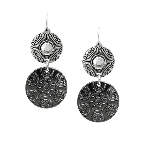 Clear Glass Crystal Accent Hematite and Silver Disc Flower Dangle Earrings     