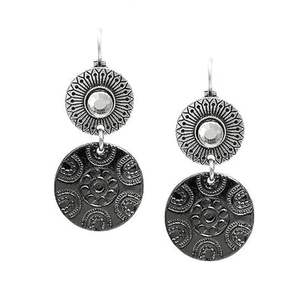 Clear Glass Crystal Accent Hematite and Silver Disc Flower Dangle Earrings     