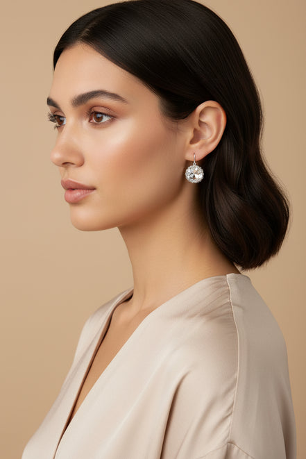 SILVER-BLACK CLEAR RHINESTONE ACCENT ROUND DANGLE EARRINGS  #SE30069_S-BLACK (FB11)