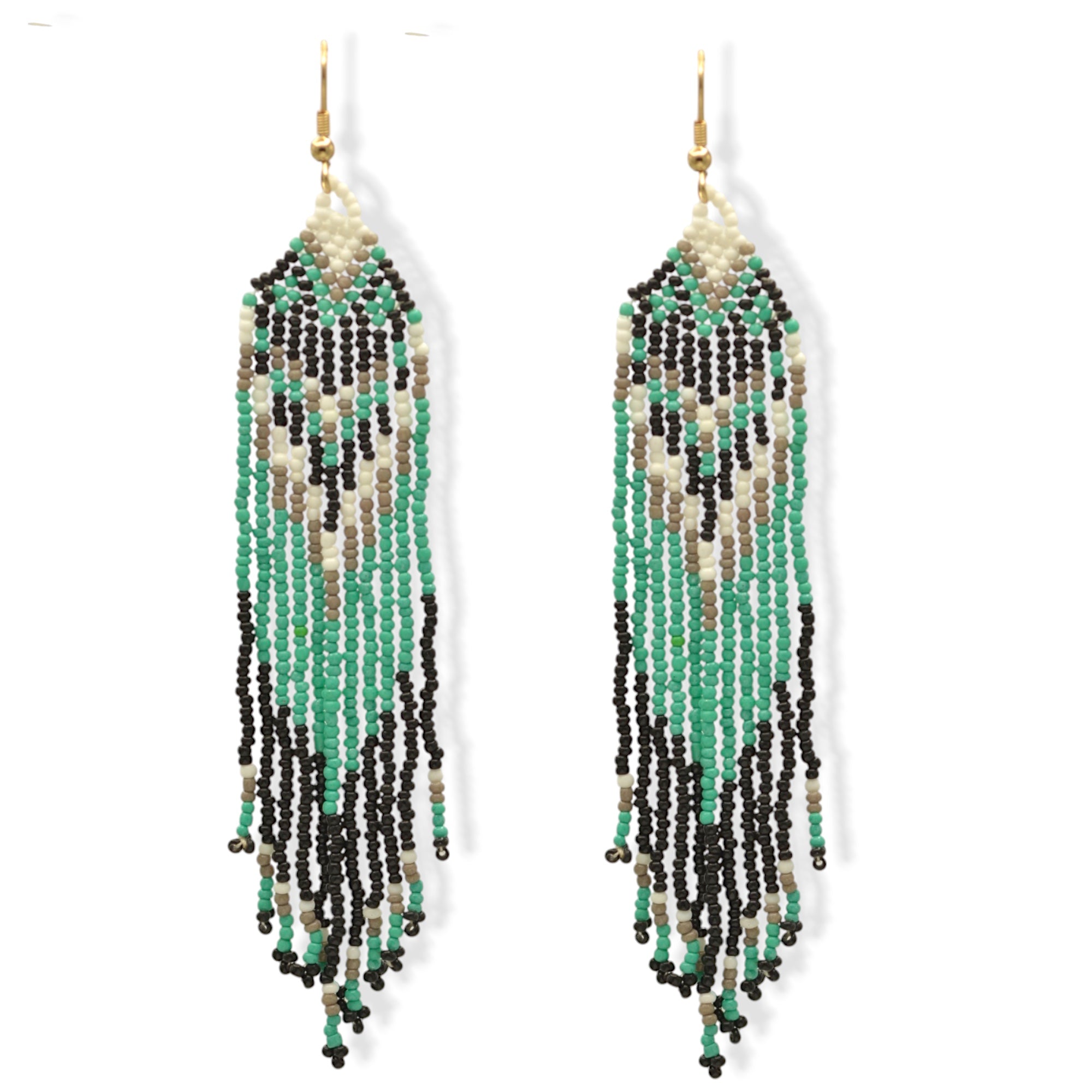 Turquoise, Black, and White Bohemian Seed Bead Long Tassel Earrings #SH-ER-1198(TD19)