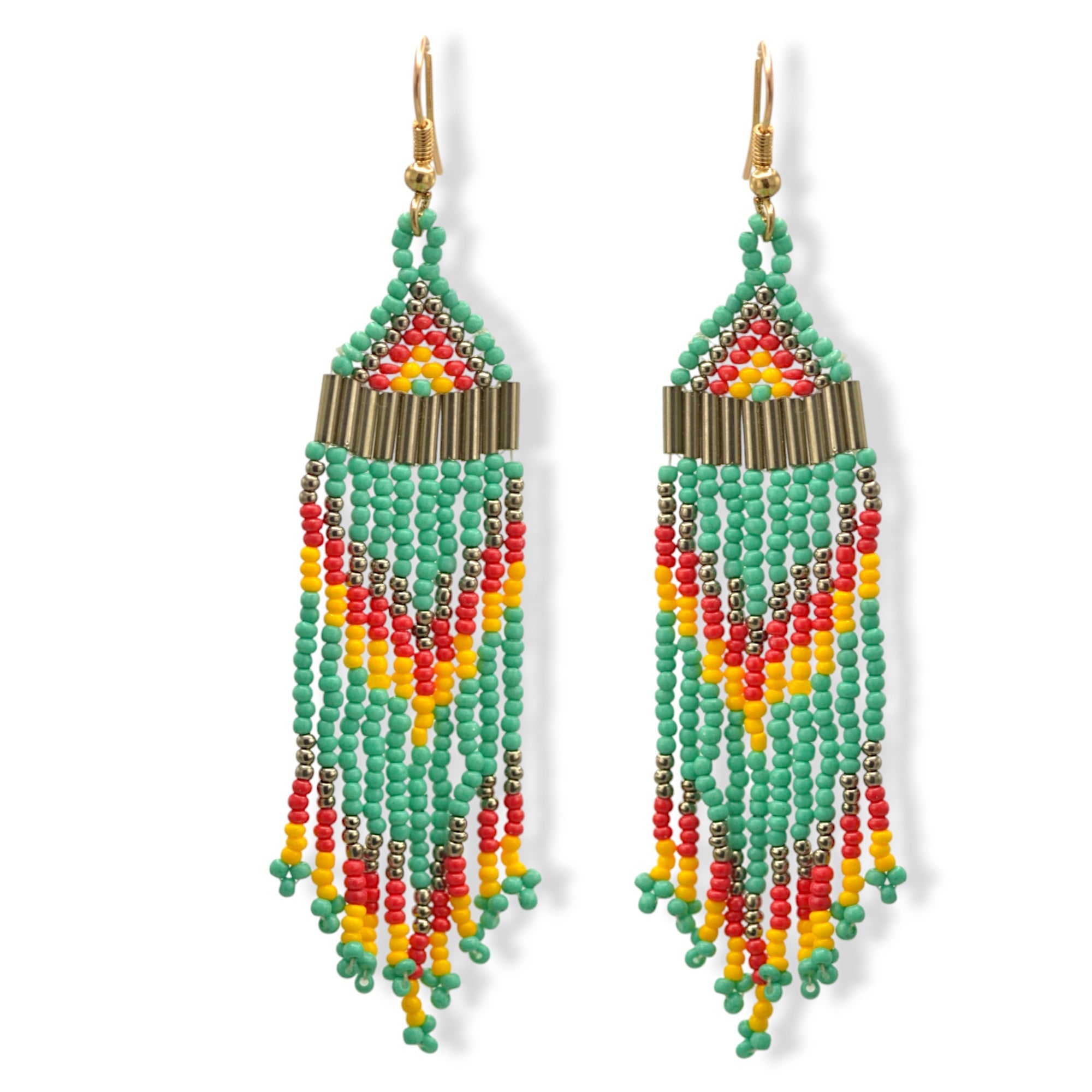 Turquoise, Coral, and Yellow Bohemian Seed Bead Long Tassel Earrings #SH-ER-1201(TD18)