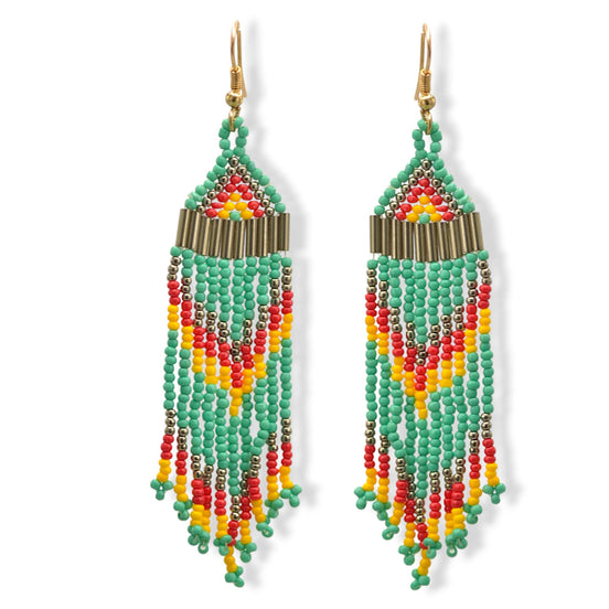 Turquoise, Coral, and Yellow Bohemian Seed Bead Long Tassel Earrings #SH-ER-1201(TD18)