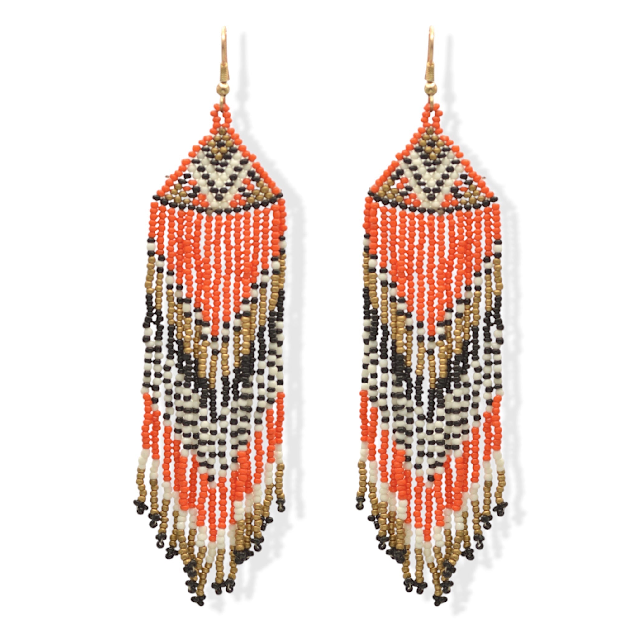 Orange, Black, White, and Gold Bohemian Seed Bead Long Tassel Earrings #SH-ER-1207(TD17)