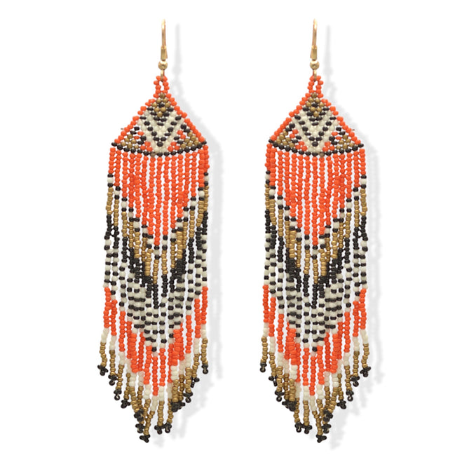 Orange, Black, White, and Gold Bohemian Seed Bead Long Tassel Earrings #SH-ER-1207(TD17)