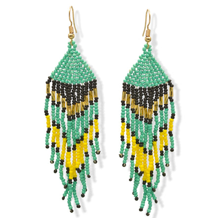Turquoise, Black, Yellow, and Gold Bohemian Seed Bead Long Tassel Earrings #SH-ER-1211(TE14)