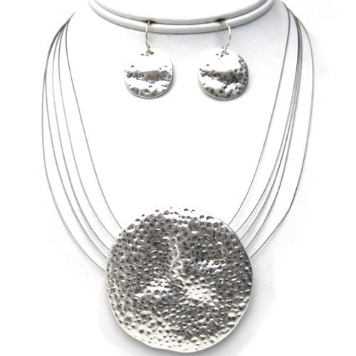 Silver Hammered Pendant Necklace And Earrings Set  #SCE18242_SILVER
