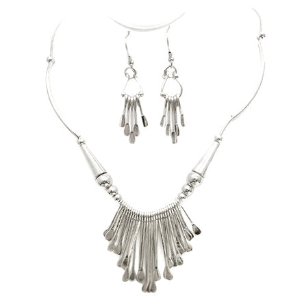 SILVER INTRICATE TRIBAL DESIGN NECKLACE AND EARRINGS SET  #HNNE3241_SILVER (CA3)