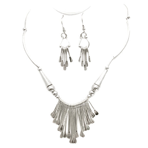 SILVER INTRICATE TRIBAL DESIGN NECKLACE AND EARRINGS SET  #HNNE3241_SILVER (CA3)