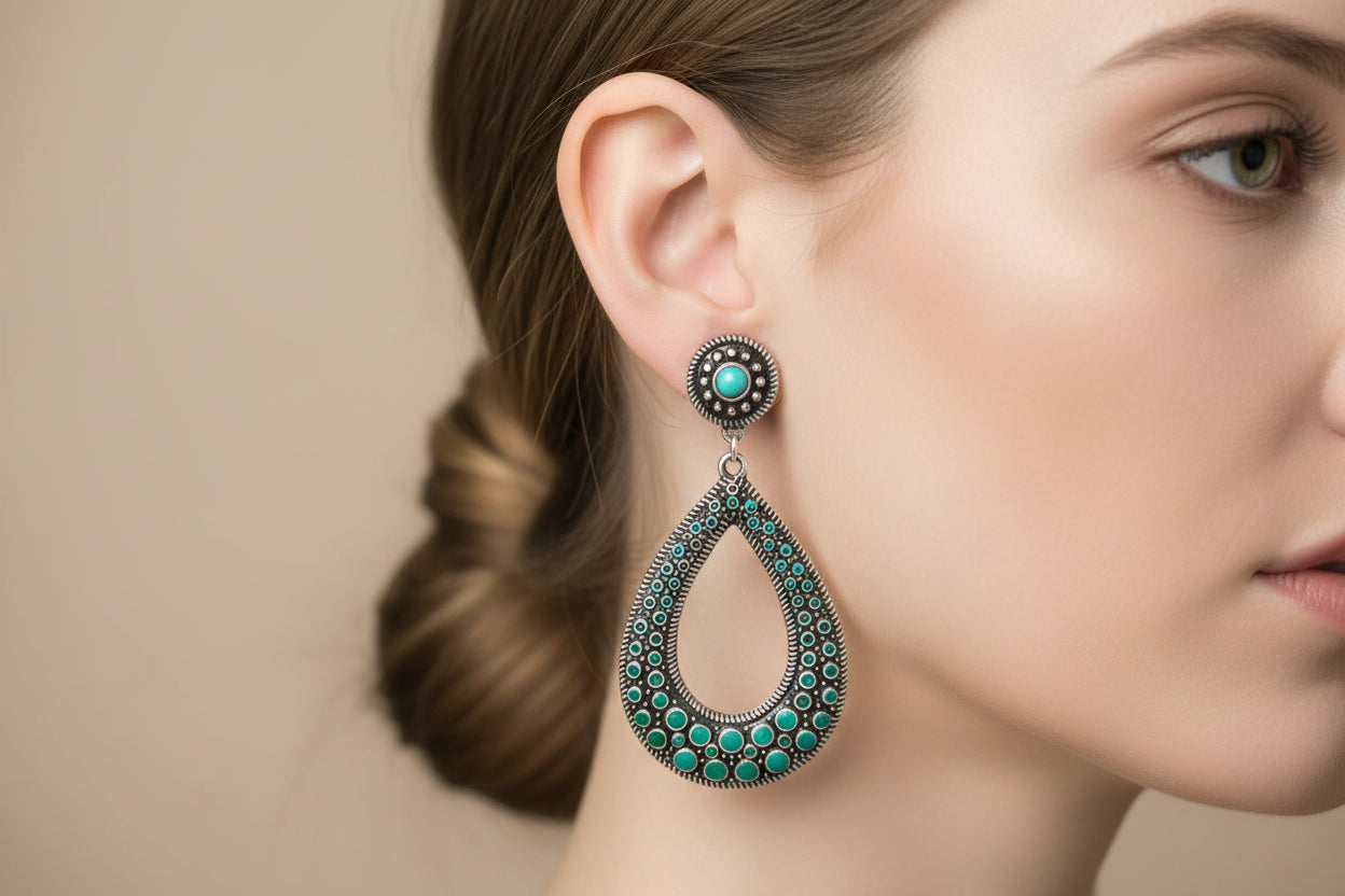 SILVER-TURQUOISE BEADED EARRINGS  #SQJB15E550-10_SIL-GRN (OB26/R-SH16)