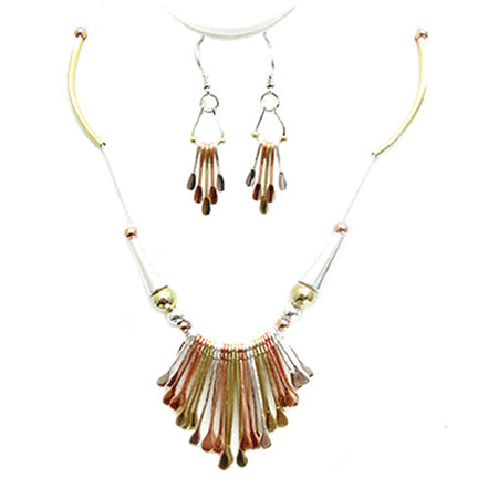 TRITONE INTRICATE TRIBAL DESIGN NECKLACE AND EARRINGS SET  #HNNE3241_3TONE (CC2)
