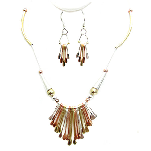 TRITONE INTRICATE TRIBAL DESIGN NECKLACE AND EARRINGS SET  #HNNE3241_3TONE (CC2)