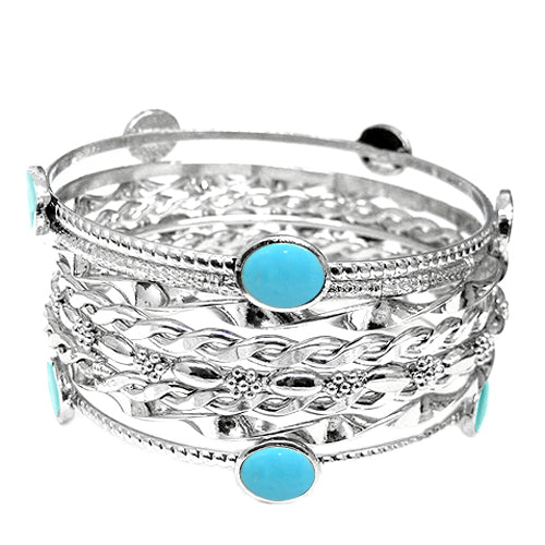 TURQUOISE ENAMEL WITH SILVER STACKABLE SET OF 8PCS BANGLES #VB17615_TURQ (OG19)