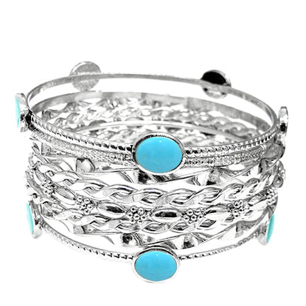 TURQUOISE ENAMEL WITH SILVER STACKABLE SET OF 8PCS BANGLES #VB17615_TURQ (OG19)