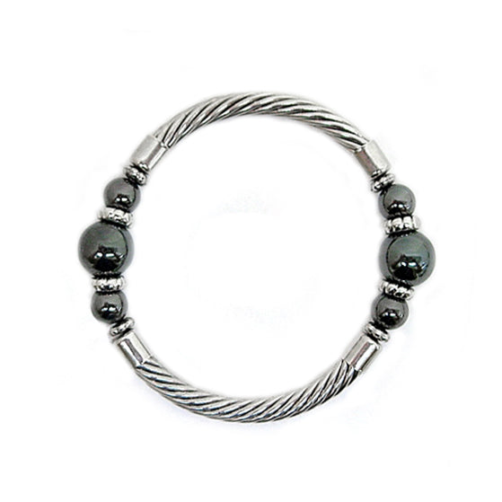 RHODIUM-HEMATITE HEMATITE PEARL CABLE STRETCH BRACELET  #SB15142_ROD-HEM (BC14)