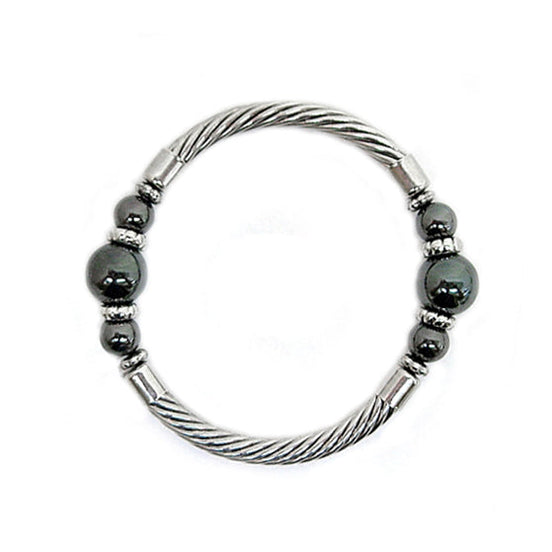 RHODIUM-HEMATITE HEMATITE PEARL CABLE STRETCH BRACELET  #SB15142_ROD-HEM (BC14)