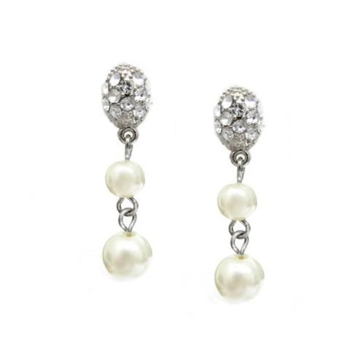 Polish yourself with selection of our classical earrings! Two different size of faux pearl drops dangle from clear stoned stud earrings. The earring is about 1.25 inches long and the size of the pearl is 6mm and 8mm in diameter.