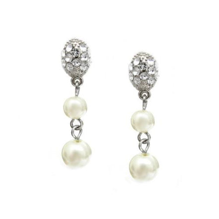 Polish yourself with selection of our classical earrings! Two different size of faux pearl drops dangle from clear stoned stud earrings. The earring is about 1.25 inches long and the size of the pearl is 6mm and 8mm in diameter.
