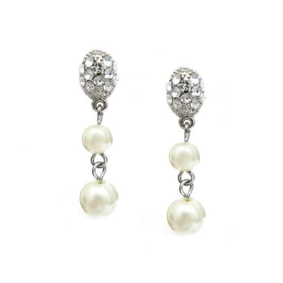 Polish yourself with selection of our classical earrings! Two different size of faux pearl drops dangle from clear stoned stud earrings. The earring is about 1.25 inches long and the size of the pearl is 6mm and 8mm in diameter.